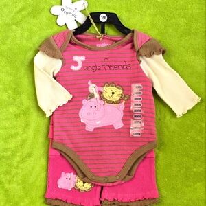 NWT 0-3M 2P Baby Girls 👧 Bodysuit Pants Organic Cotton - Pink & Brown Hipo Lion